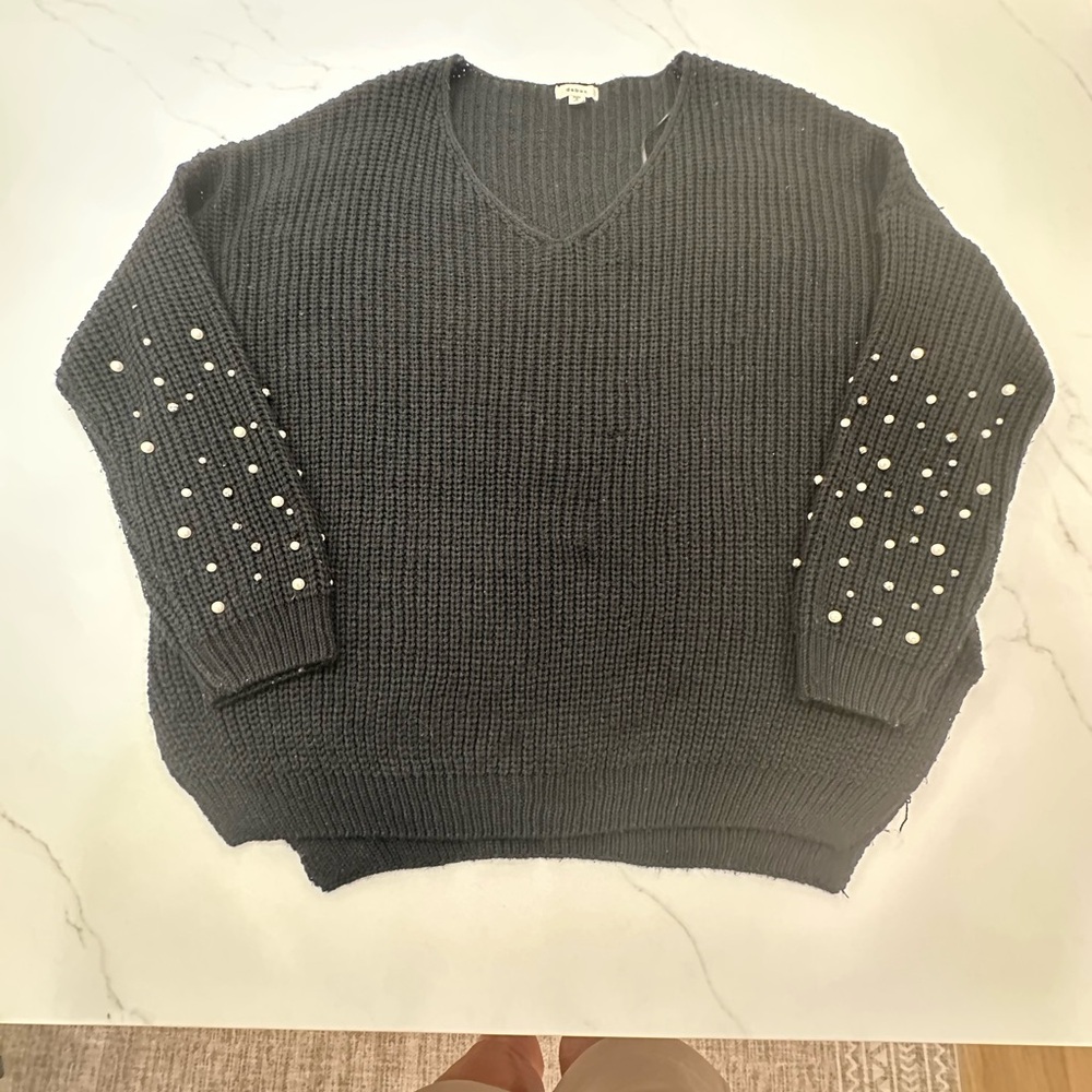 Debut Black V-Neck Sweater with Pearl Accents Size M